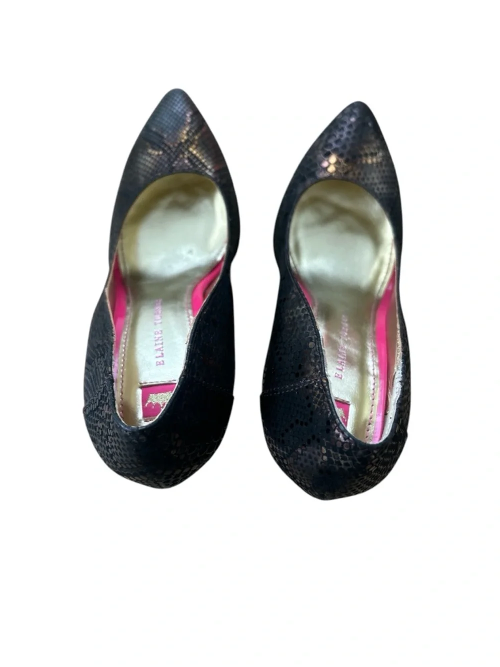 Elaine Turner Black Snake-Texture Pointed Toe Pumps with Pink Lining - Picture 3 of 7